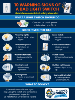 Infographic showcasing 10 common signs of a bad light switch, such as flickering lights, delayed response, warm or cracked plates, buzzing, and sparks. Includes warning signs and essential safety advice at the bottom.